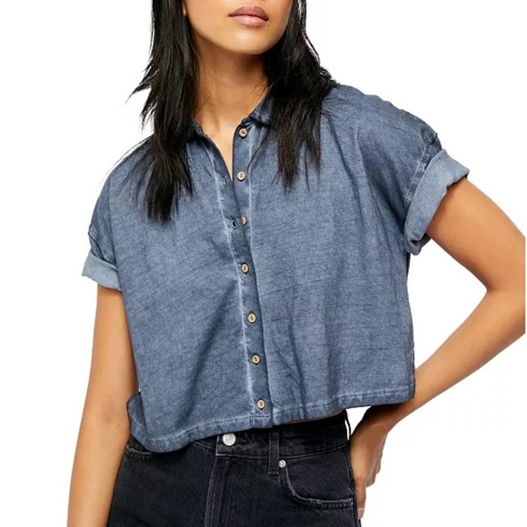 Free People Weekend Rush Button-Down Henley Boxy Tee Women's Medium - Picture 1 of 4